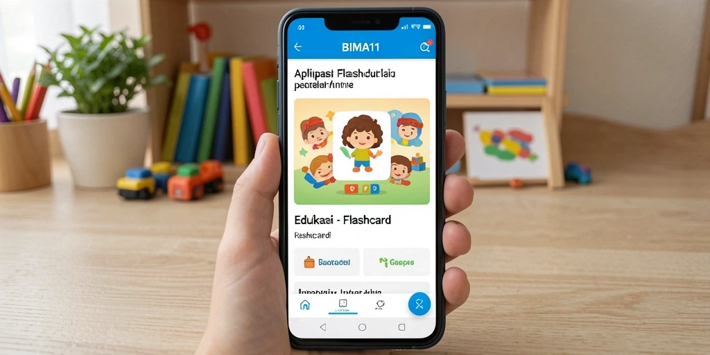 Tampilan antarmuka aplikasi Flashcard BIMA11 yang menarik dan interaktif.